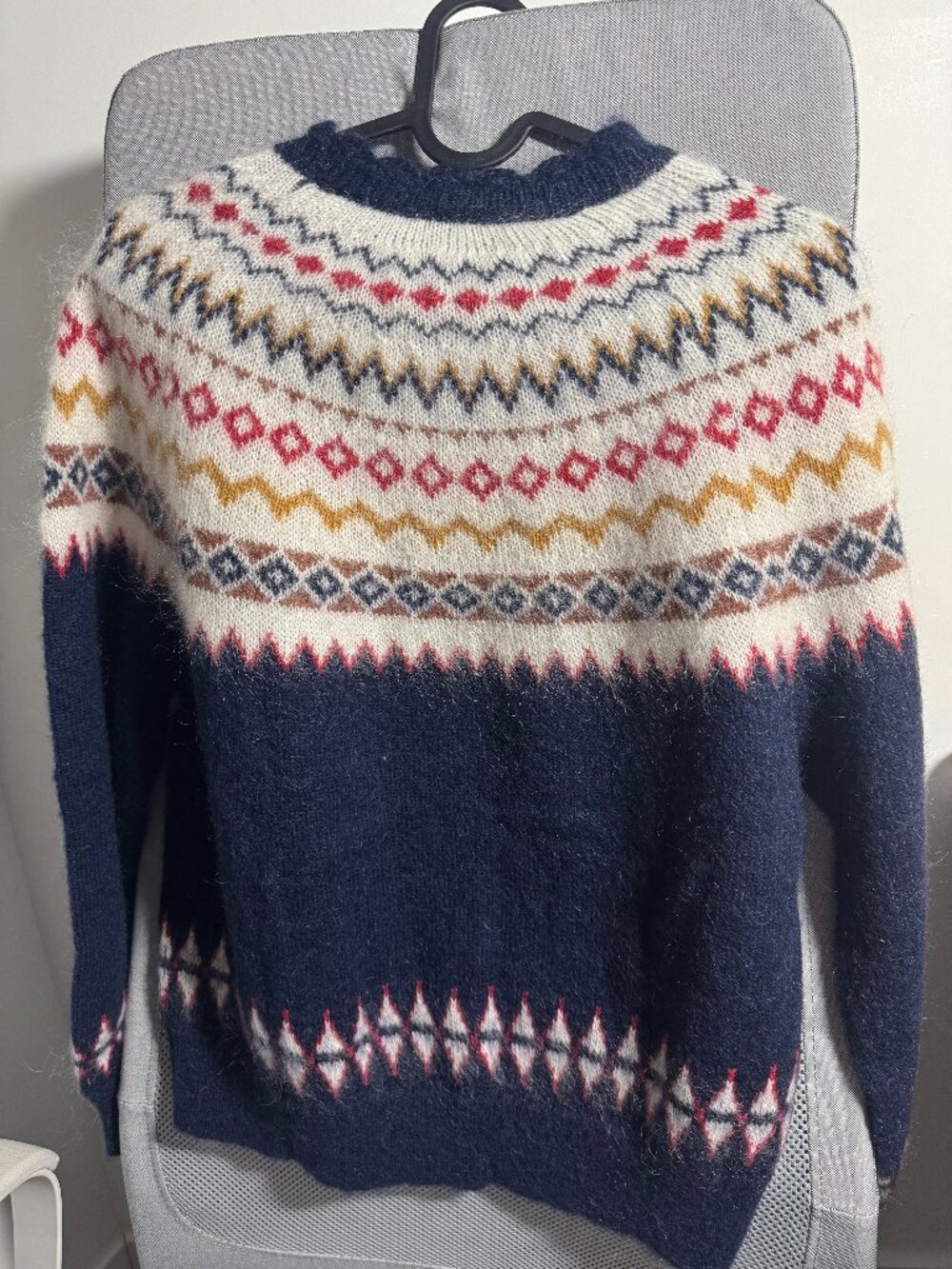 Doen Harvest Mohair Wool Cashmere Knit Print Sweater Top Navy Oslo Fair Isle L